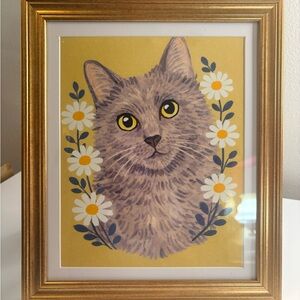 Framed Russian Blue Cat Art Print 8x10 | Floral Cat Wall Art | Gold Frame